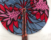 The Handmade Ankara Fan -  Blue Grey, Red and Pink Floral Design