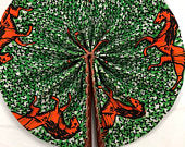 The Handmade Ankara Fan - Green with Orange Horses Design