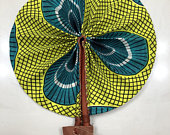 The Handmade Ankara Fan - Lime Green and Teal Floral Design